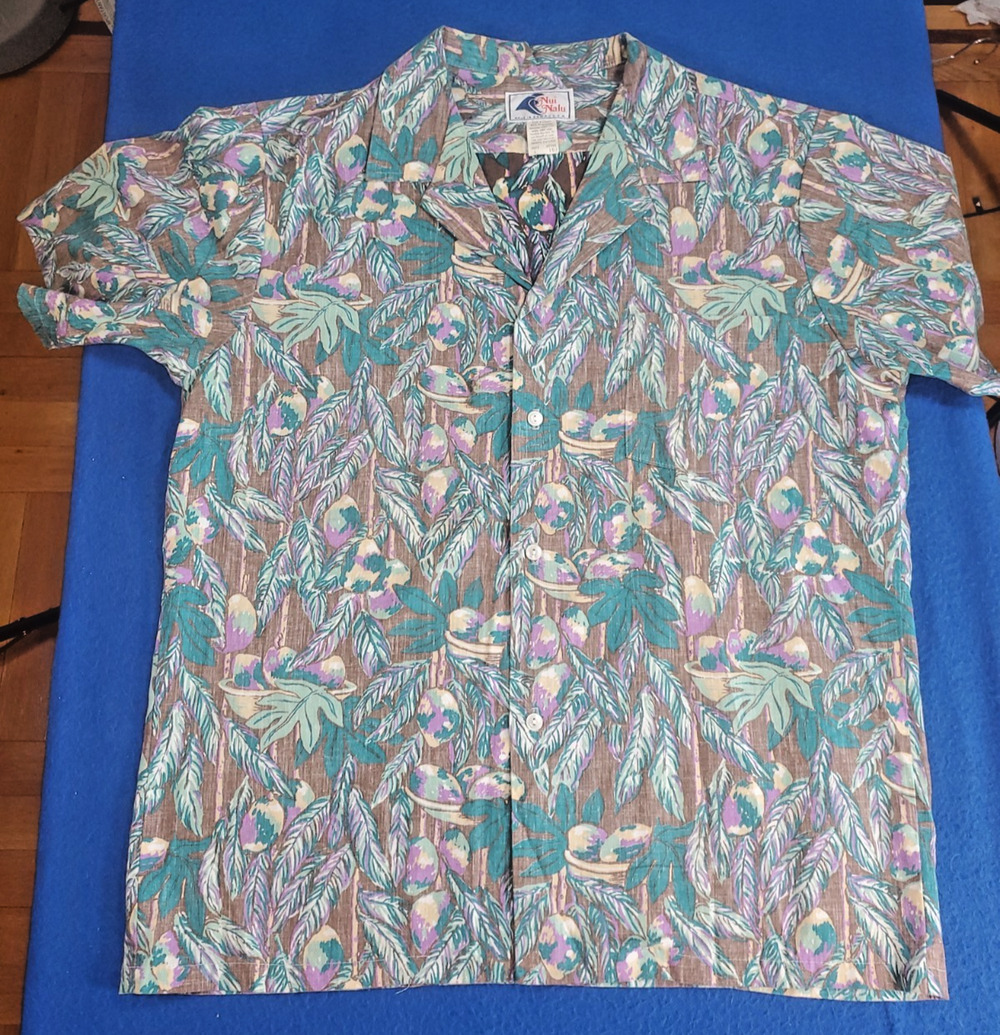 Vintage Nui Nalu Hawaiian Shirt Mens L Tropical Palm Floral Camp Aloha Made USA